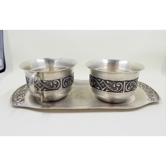 Selandia Norway Pewter Creamer Open Sugar Dish Under Tray Scrollwork Detail - Picture 4 of 14